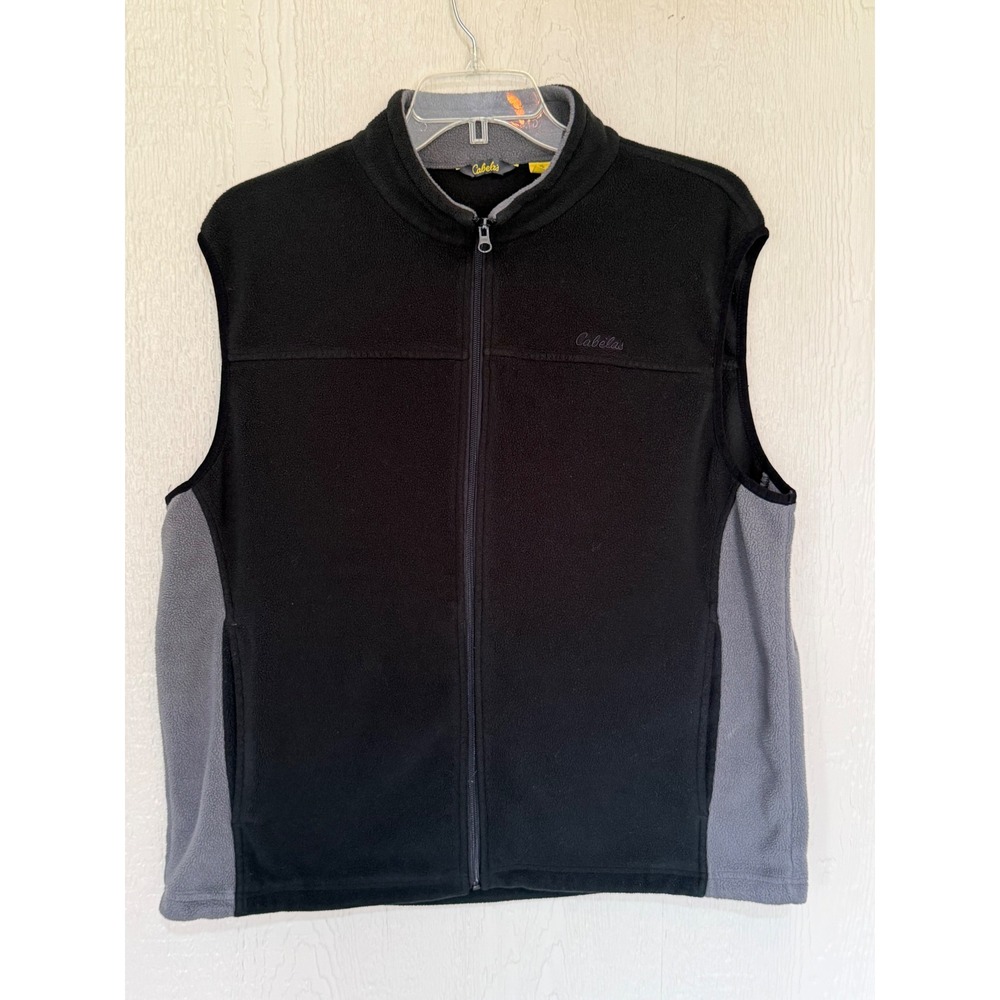 Cabelas Mens XL Full Zip Fleece Vest Black Grey Two Tone Outdoor Hiking Layer